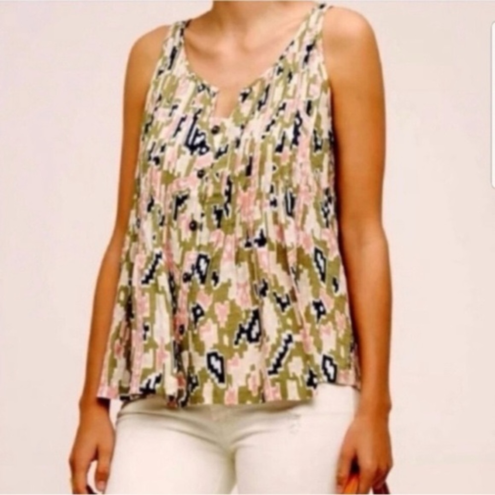MAEVE Anthropologie Green Pink Ikat Soana Pleated Tank Top size 8